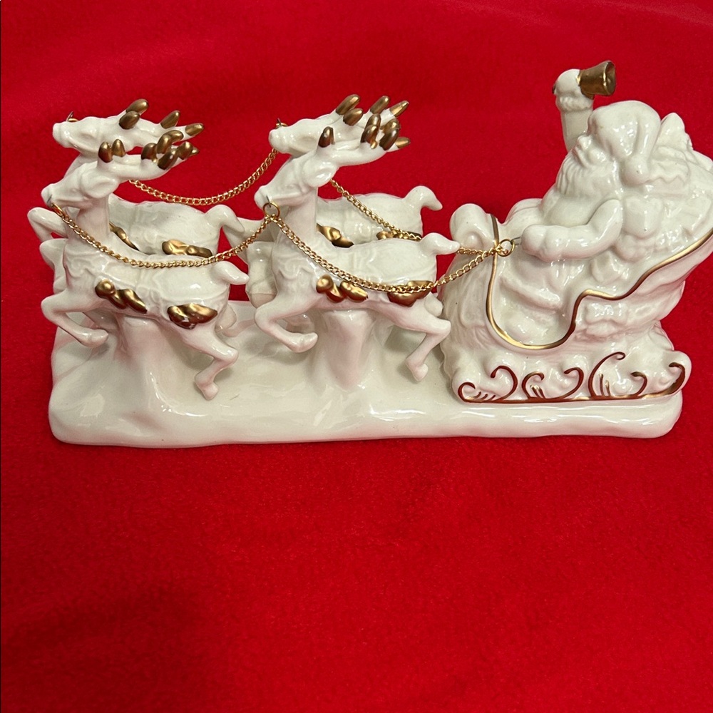 Elegant White and Gold Santa reindeer Sleigh Figurine